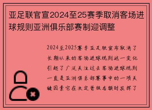 亚足联官宣2024至25赛季取消客场进球规则亚洲俱乐部赛制迎调整 亚足联官宣2024至25赛季取消客场进球规则亚洲俱乐部赛制迎调整