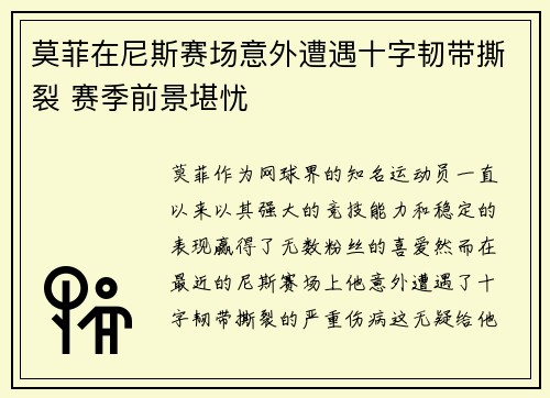 莫菲在尼斯赛场意外遭遇十字韧带撕裂 赛季前景堪忧